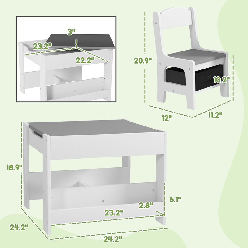 Qaba 3 Piece Kids Table and Chair Set, 3 in 1 Toddler Wooden Activity Table with Reversible Tabletop Blackboard, Storage & Bookshelves for Playroom, Nursery, Natural