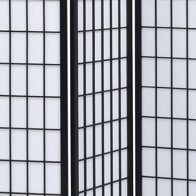 3 Panel Screen with Grid Design Wooden Frame, Black-Benzara