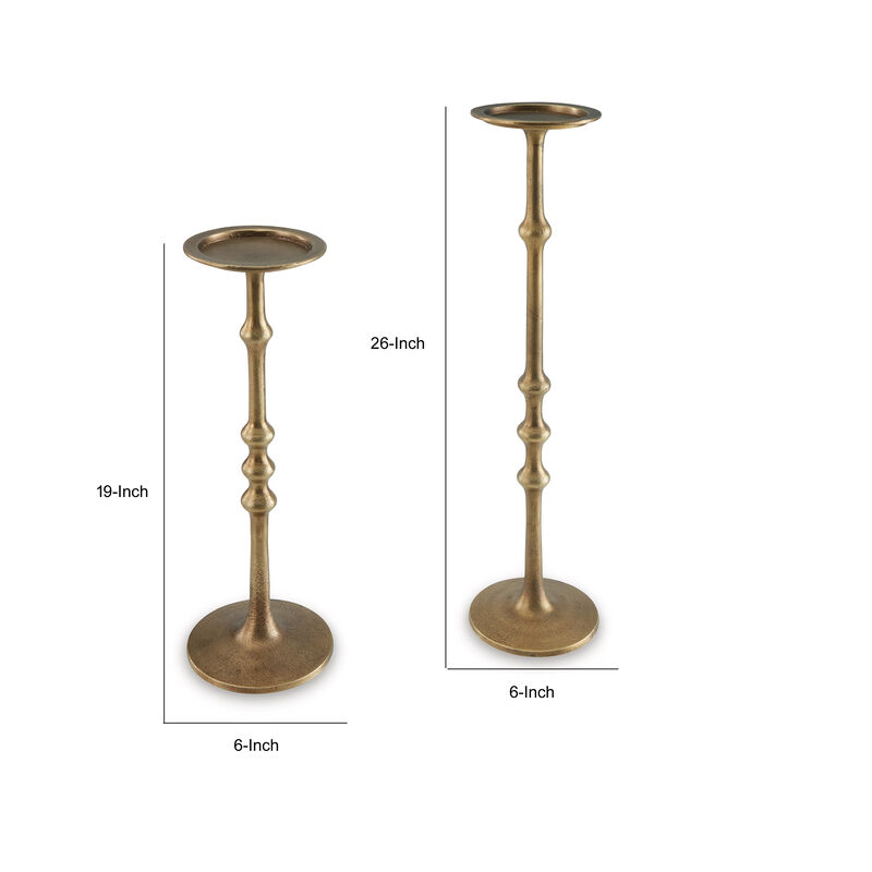 Lara Candle Holder Set of 2, Cast Aluminium, Antiqued Brass Toned Finish - Benzara