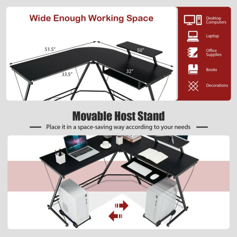 Hivvago L Shaped Computer Desk Home Office Workstation with Movable Monitor Stand