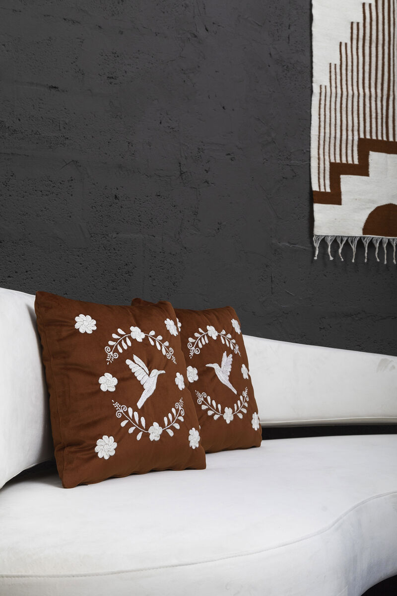 COLIBRÍ Hand Embroidered Decorative Pillows in Terracota Velvet by ANDEAN, Set of 2, In Stock