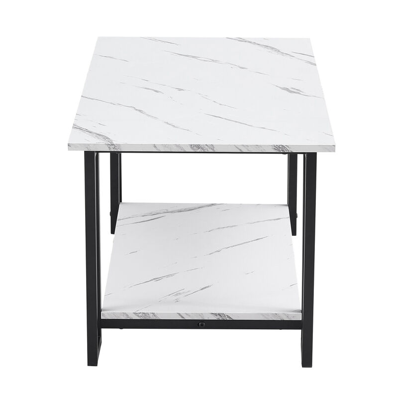 Coffee Table, 2 Layers 1.5cm Thick Marble MDF Rectangle 39.37 L Table Top Iron Coffee