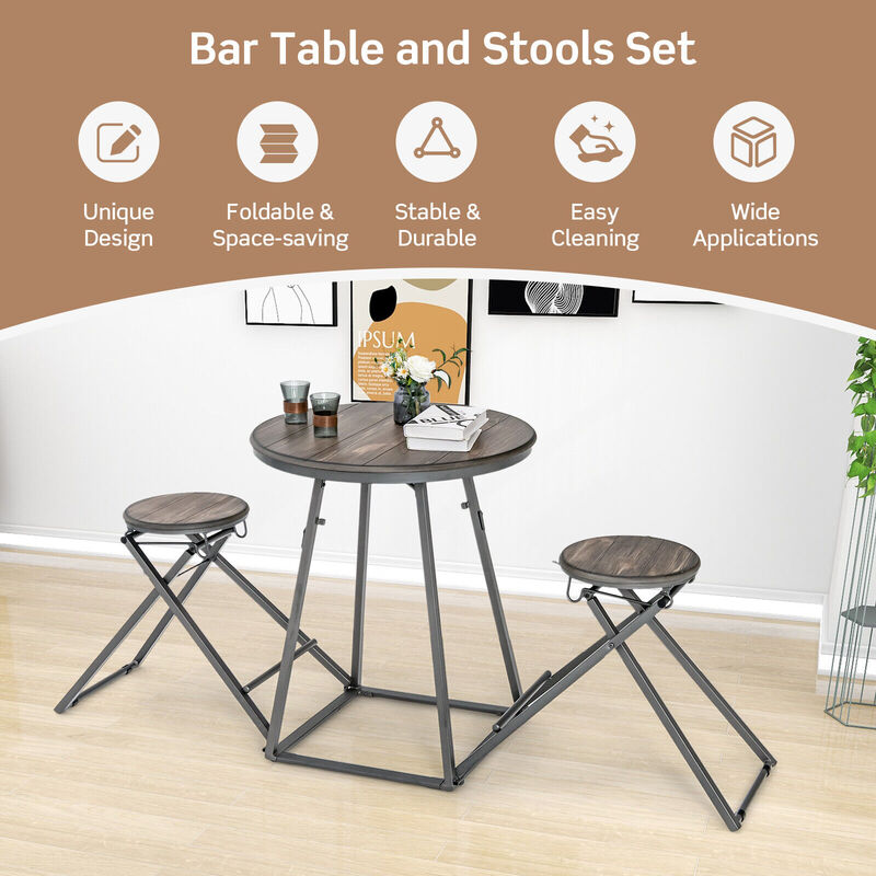 3 Pieces Dining Table Set with 2 Foldable Stools for Small Space-Grey
