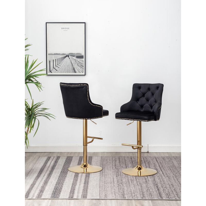 Brightcast 2-piece Velvet Tufted Gold Bar Stools in Black