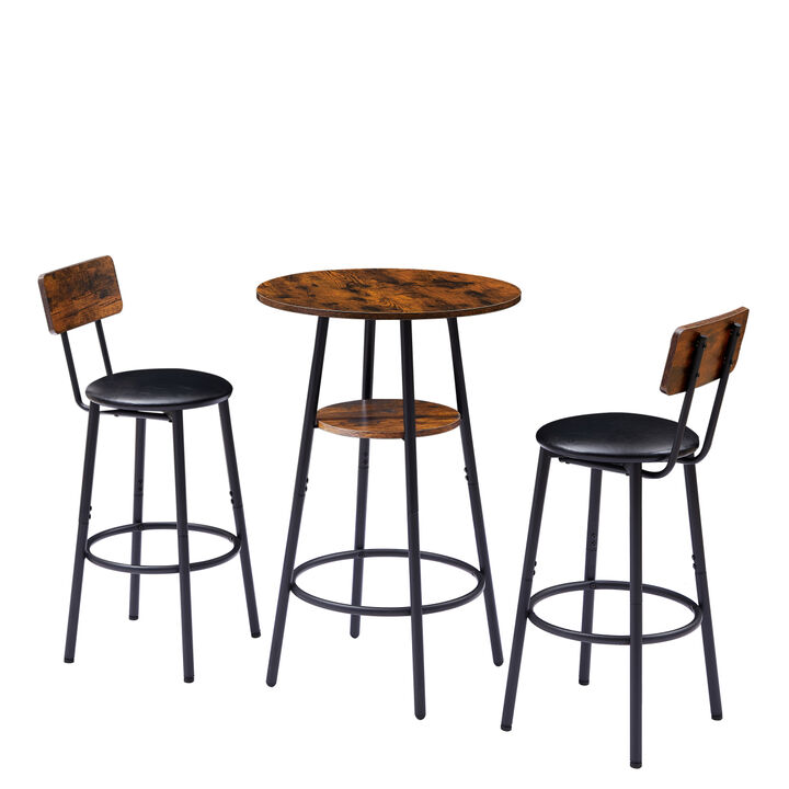 Upholstered Round Barstool Set with Backrest, Rustic Brown, 23.62" W X 23.62" D X 35.43"