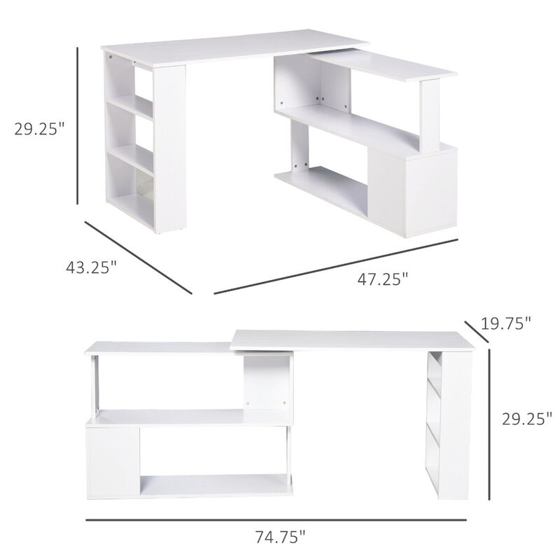 White Multitasking Hub: 360° Rotating L-Shaped Office Desk with Storage