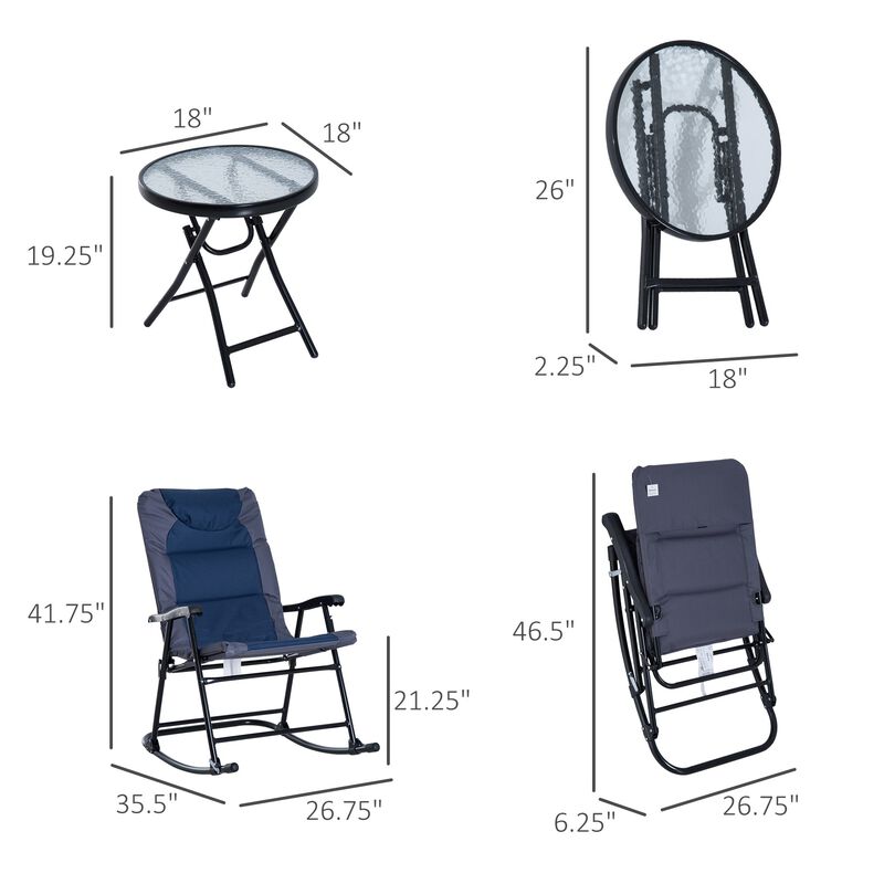 Blue Patio Conversation Set: 3-Piece Rocking Chairs with Glass Table