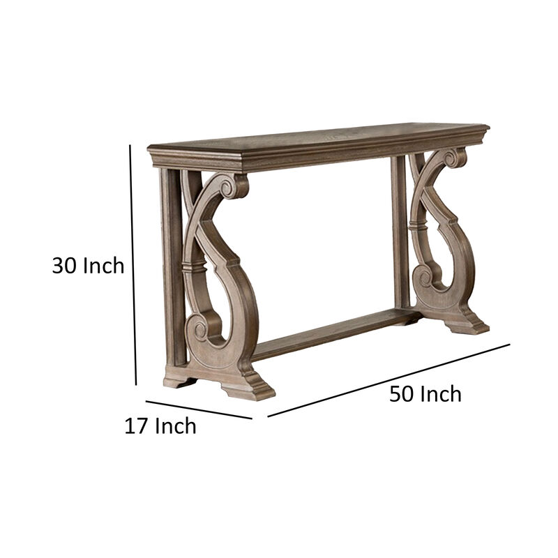 Gia Sofa Table, 50 Inch Rectangular, Carved Details, Brown Solid Wood