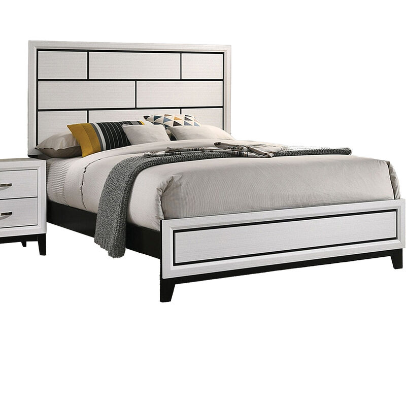 Erica King Size Bed, White and Black Wood Finish, Panel Style Headboard