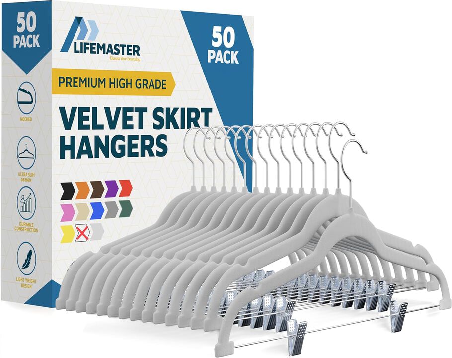 Velvet Skirt Hangers – with Adjustable Clips, 360 Degree Swivel Hook, and Non-Slip Shoulder Notch, Holds Up to 10 lbs, for Organizing Skirt, Pants, Dress, and Clothes, Pack of 50, Green