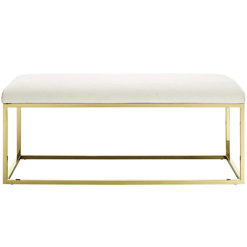 Modway Anticipate Velvet Upholstered Modern Bench With Stainless Steel Frame in Gold Ivory