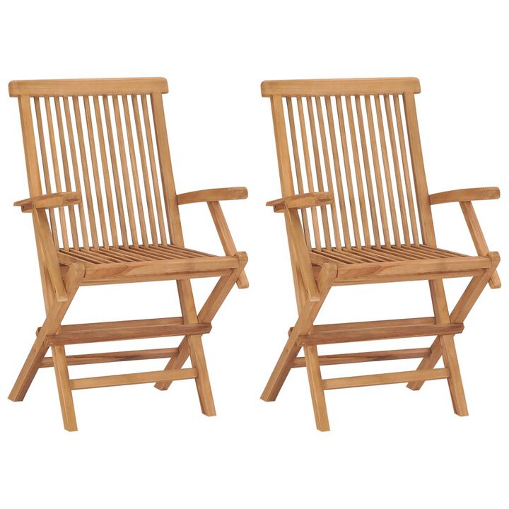 Outdoor Accent Chair Set of 2, Folding Design, Gray, Brown Teak Wood - Benzara