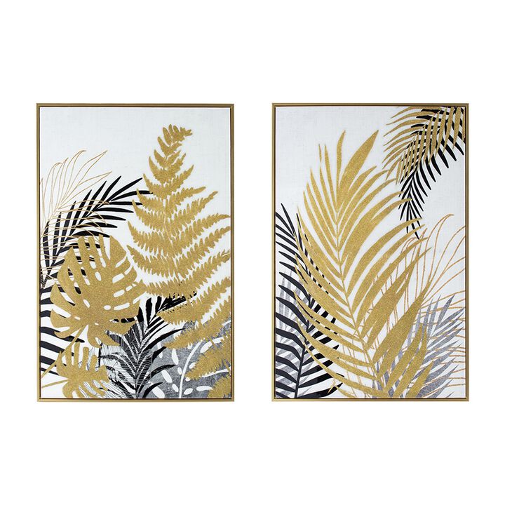 Nir 23 x 35 Set of 2 Palm Leaf Wall Art, Frame Decor, Black Gold, Gray Wood - Benzara