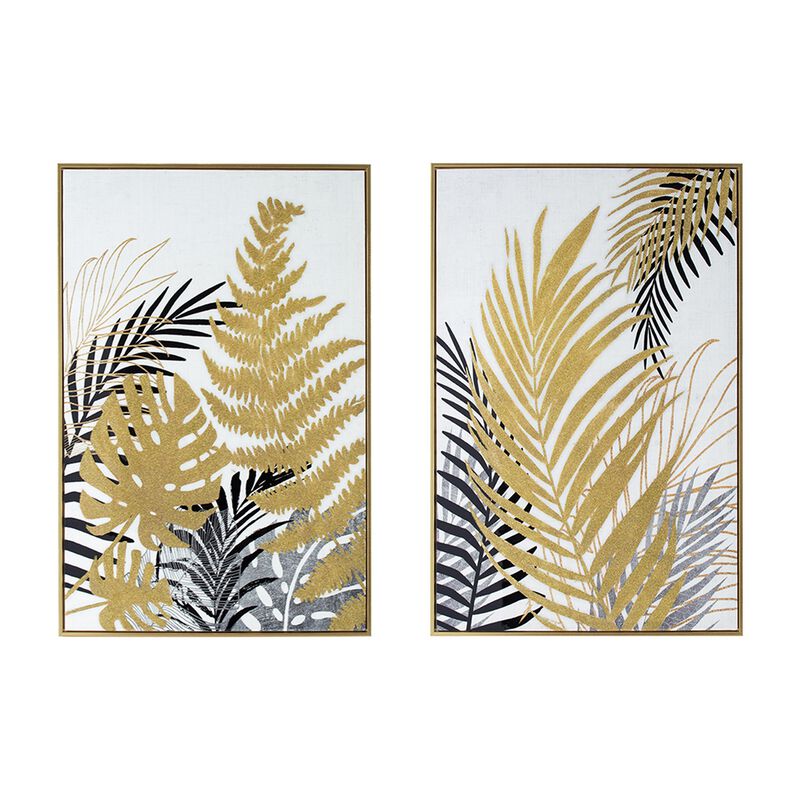 Nir 23 x 35 Set of 2 Palm Leaf Wall Art, Frame Decor, Black Gold, Gray Wood - Benzara