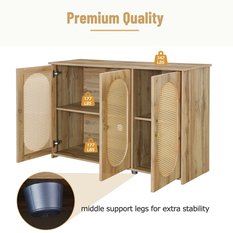 Clihome Retro 3-Door Sideboard with Large Storage Space Artificial Rattan Doors and Metal Handles, Accent Cabinet for Living Room and Hallway (Natural Wood)
