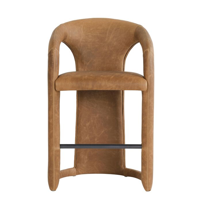 Chie Counter Stool Chair, Curved Back, Brown Leather, Stainless Steel - Benzara