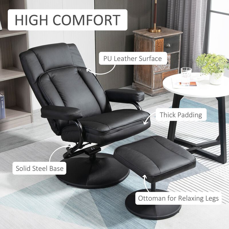 Black Living Room Set: Swivel Recliner with Ottoman in PU Leather
