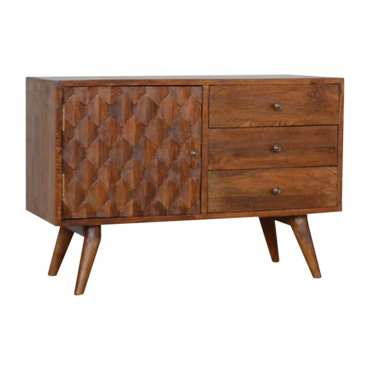 Solid Wood 1 Door 3 Drawer Carved Chestnut Sideboard