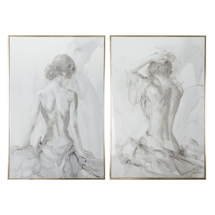 Tia 33 x 49 Hanging Wall Art Portrait Set of 2, Gray Feminine Figure Sketch - Benzara