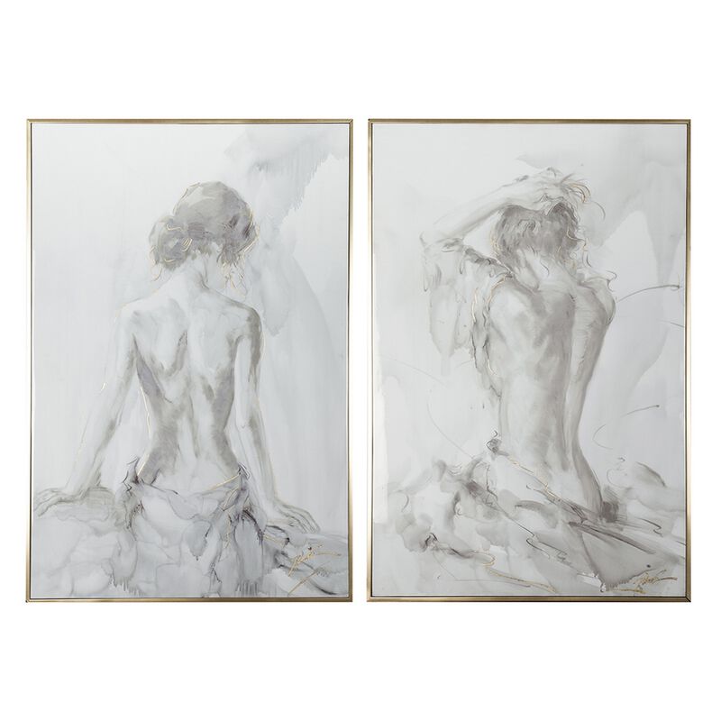 Tia 33 x 49 Hanging Wall Art Portrait Set of 2, Gray Feminine Figure Sketch - Benzara