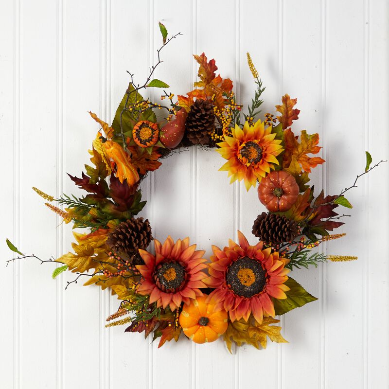 Hivvago 24" Fall Sunflower, Pumpkin, Gourds, Pinecone and Berries Autumn Artificial Wreath