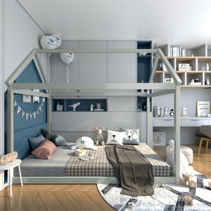 Hivvago Twin Size Kids House Bed Wood Frame with Roof