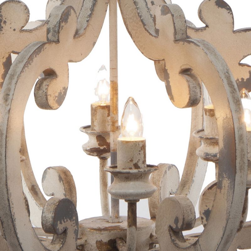 Aki 21 Inch 6 Light Chandelier, Carved Wood Frame, Classic, Vintage, White-Benzara