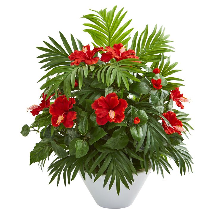 Hivvago Hibiscus and Areca Palm Artificial Plant in White Bowl