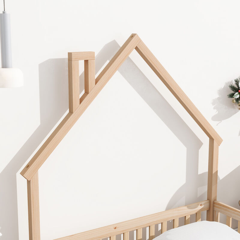 Full House-Shaped Headboard Floor Bed with Fence,Natural