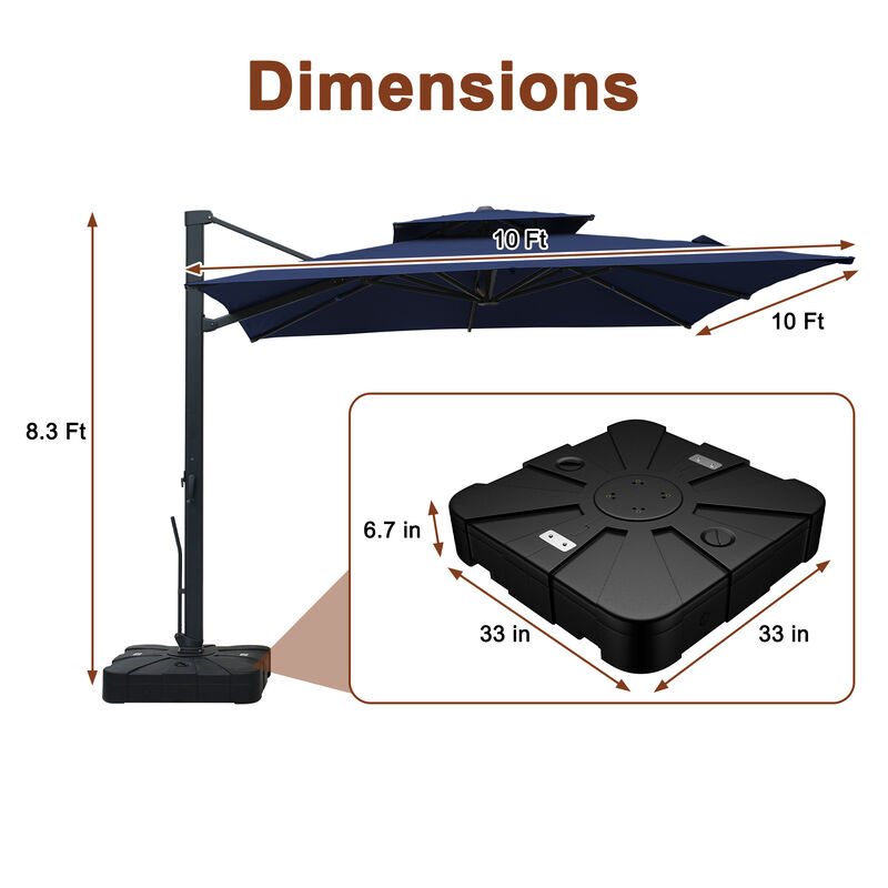 MONDAWE 10ft Patio Double Top Bright Umbrella Removable LED With Base Stand Included, Navy