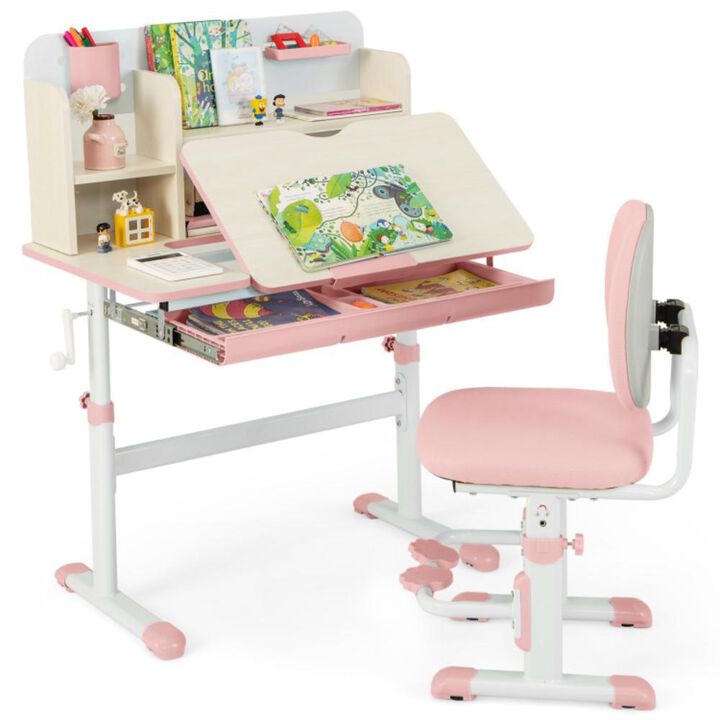 Hivvago Height Adjustable Children School Home Study Table and Chair Set with Tilted Desktop for 3-12 Years Old