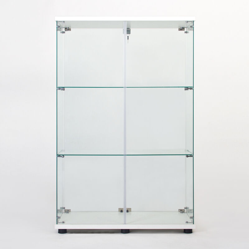 Two Door Glass Cabinet Glass Display Cabinet With 3 Shelves, White