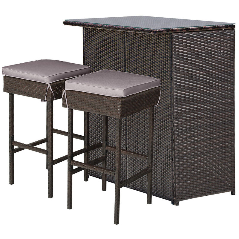 3PCS Patio Rattan Wicker Bar Table Stools Dining Set