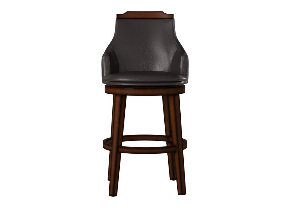 Wood & Leather Bar Height Chair with Swivel Mechanism, Oak Brown & Black, Set of 2 - Benzara