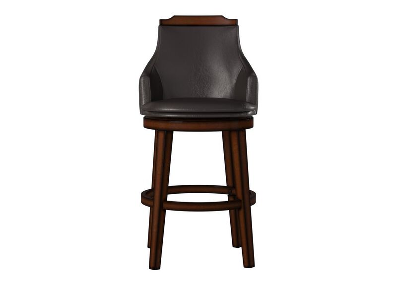 Wood & Leather Bar Height Chair with Swivel Mechanism, Oak Brown & Black, Set of 2 - Benzara