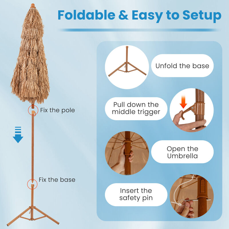 Thatched Tiki Umbrella with Foldable Stand Push Button Tilt-Natural