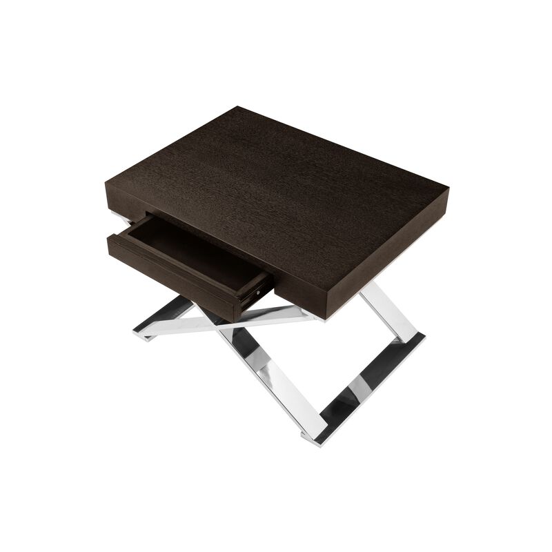 Rix 21 Inch Side End Table, 1 Drawer, X Steel Legs, Espresso Brown Wood - Benzara