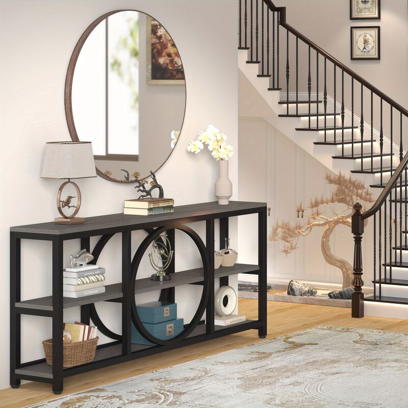 Extra Long Console Table, 70.9 inch Narrow Sofa Tables with 3 Tier Wood Storage Shelves Industrial Metal Frame for Entryway Hallway Living Room Behind Couch