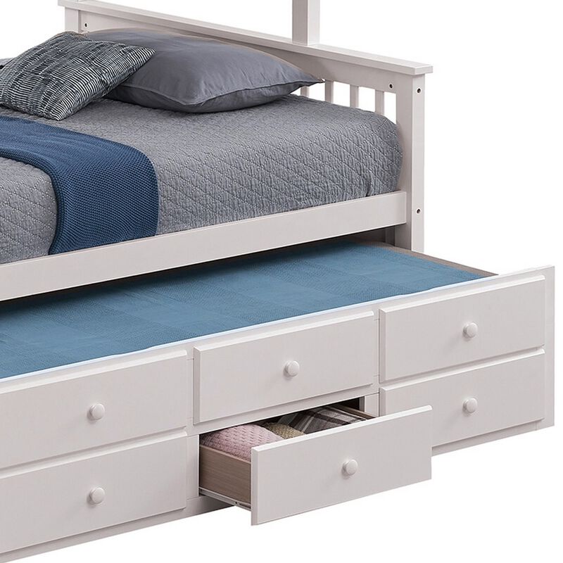 Veran Twin Over Full Bunk Bed, Trundle and 3 Drawers, White Solid Wood