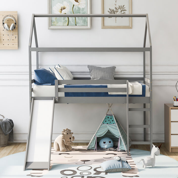 House-Themed Bed with Built-in Slide, Playful Toddler Bed Frame