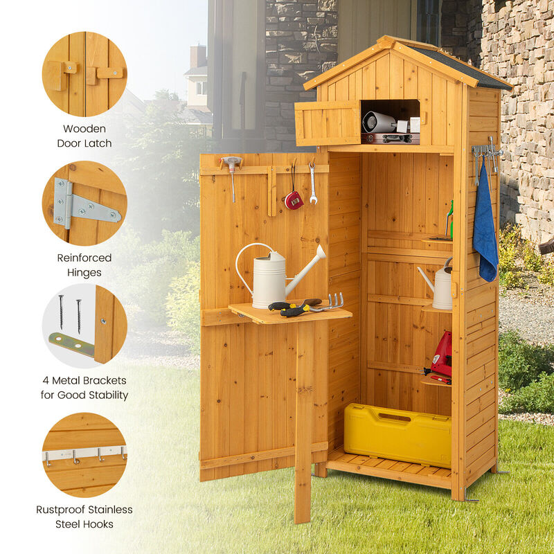 71 Inch Tall Garden Tool Storage Cabinet with Lockable Doors and Foldable Table-Natural