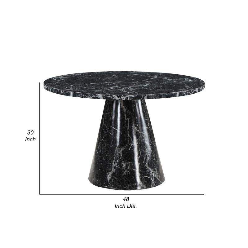 Olivia Dining Table, Pedestal Base, 48 Inch Round Black Faux Stone Top - Benzara