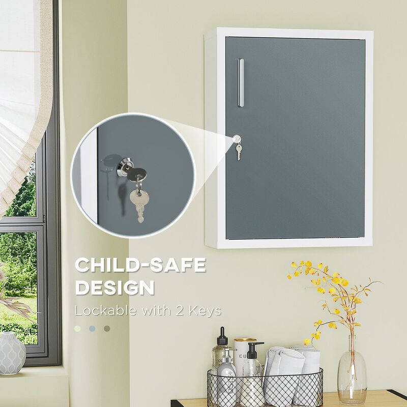 White/Grey Wall Storage: Medicine Cabinet with Lock for Bathroom & Kitchen