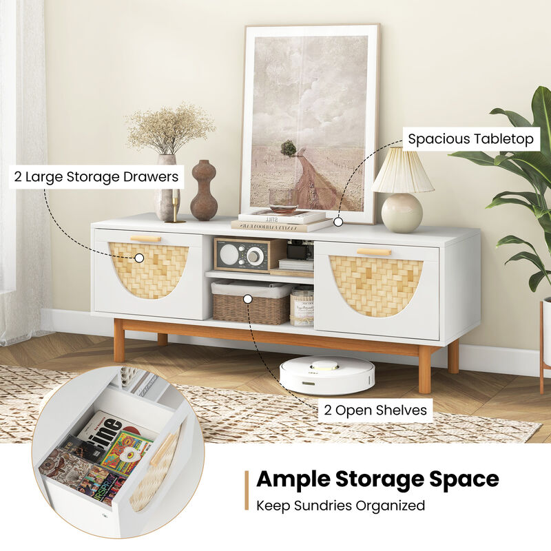 Mid Century Modern TV Stand Entertainment Center for 55-Inch TV with 2 Drawers and Wicker Woven Fronts-White