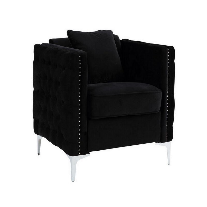 Zion 34 Inch Accent Chair with Throw Pillow, Handmade Tufted, Black Velvet-Benzara