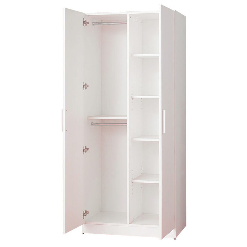 Avy Standing Closet with 2 Hanging Bar and 5 Shelves, Double Door, White - Benzara