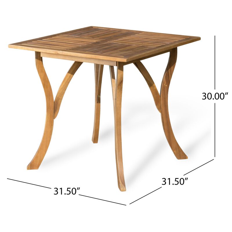 Olen Outdoor Dining Table, Slatted Square 32 Inch, Brown Acacia Wood - Benzara