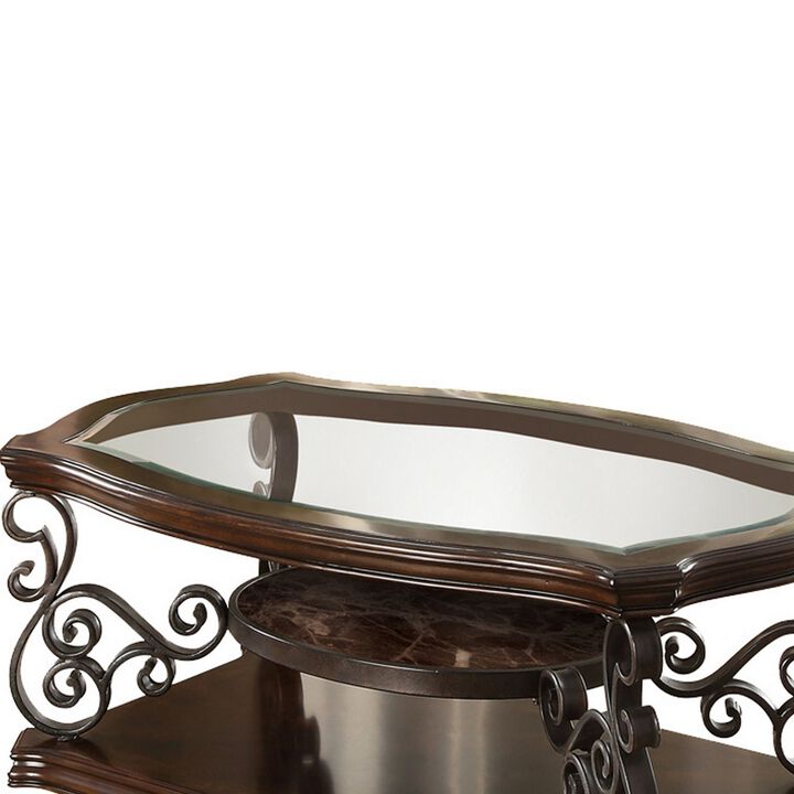 Tempered Glass Top Wooden Coffee Table with Ornate Metal Scrollwork, Brown-Benzara