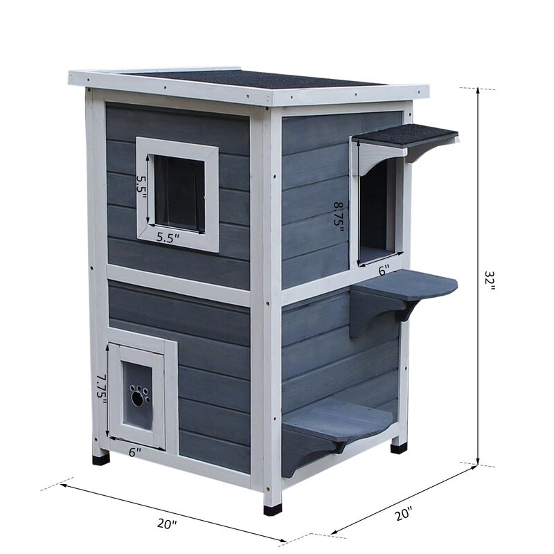 Dark Gray Feline Fortress: 2-Floor Outdoor Cat House with Window