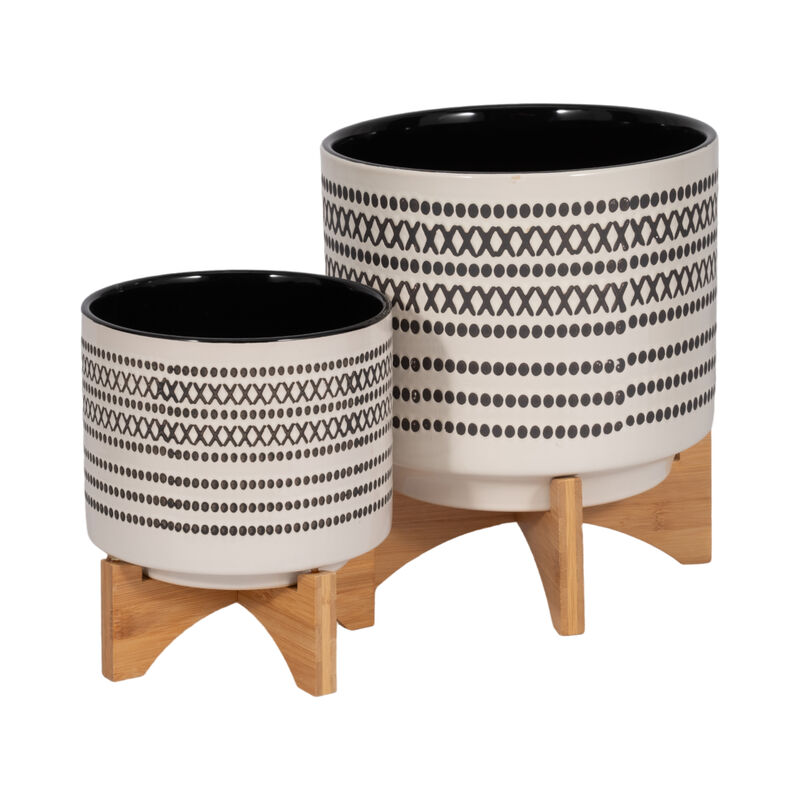 Aztec Planter with Wood Stand, Gray